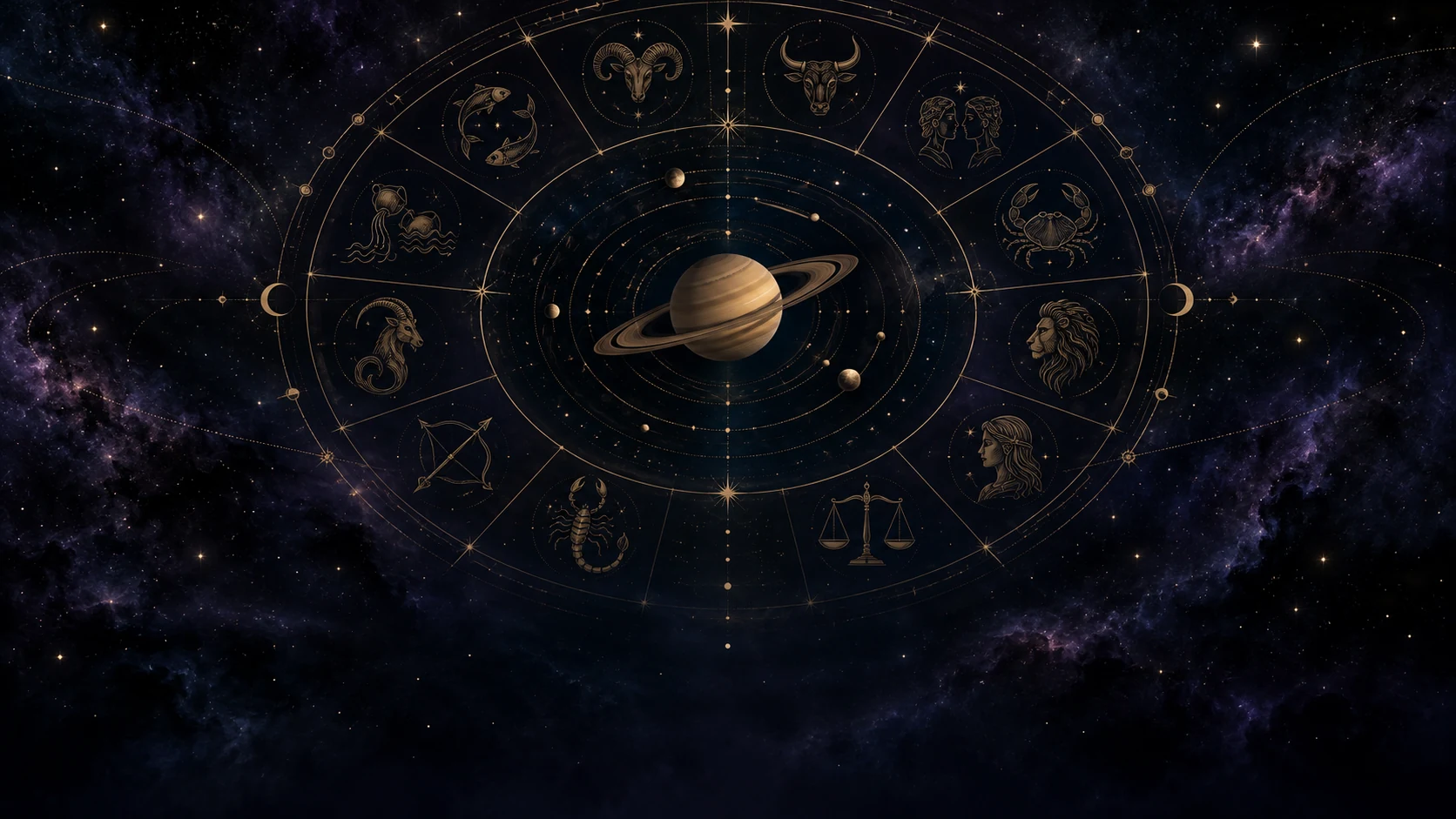 An engraved golden zodiac wheel with Saturn at its center, surrounded by the twelve signs