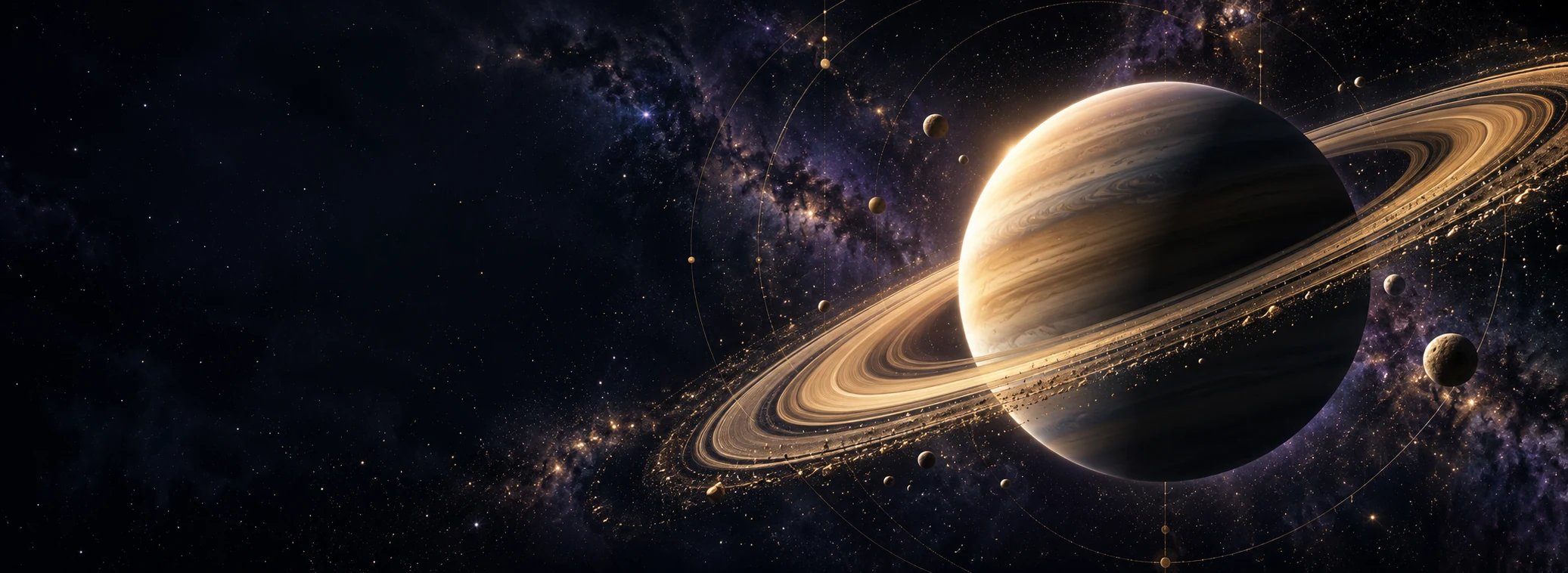 Saturn glowing gold against a violet star field, its rings scattered with cosmic dust and orbiting moons